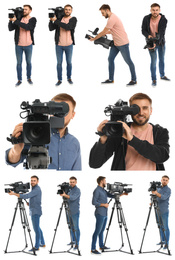 Collage of operator with professional video camera on white background