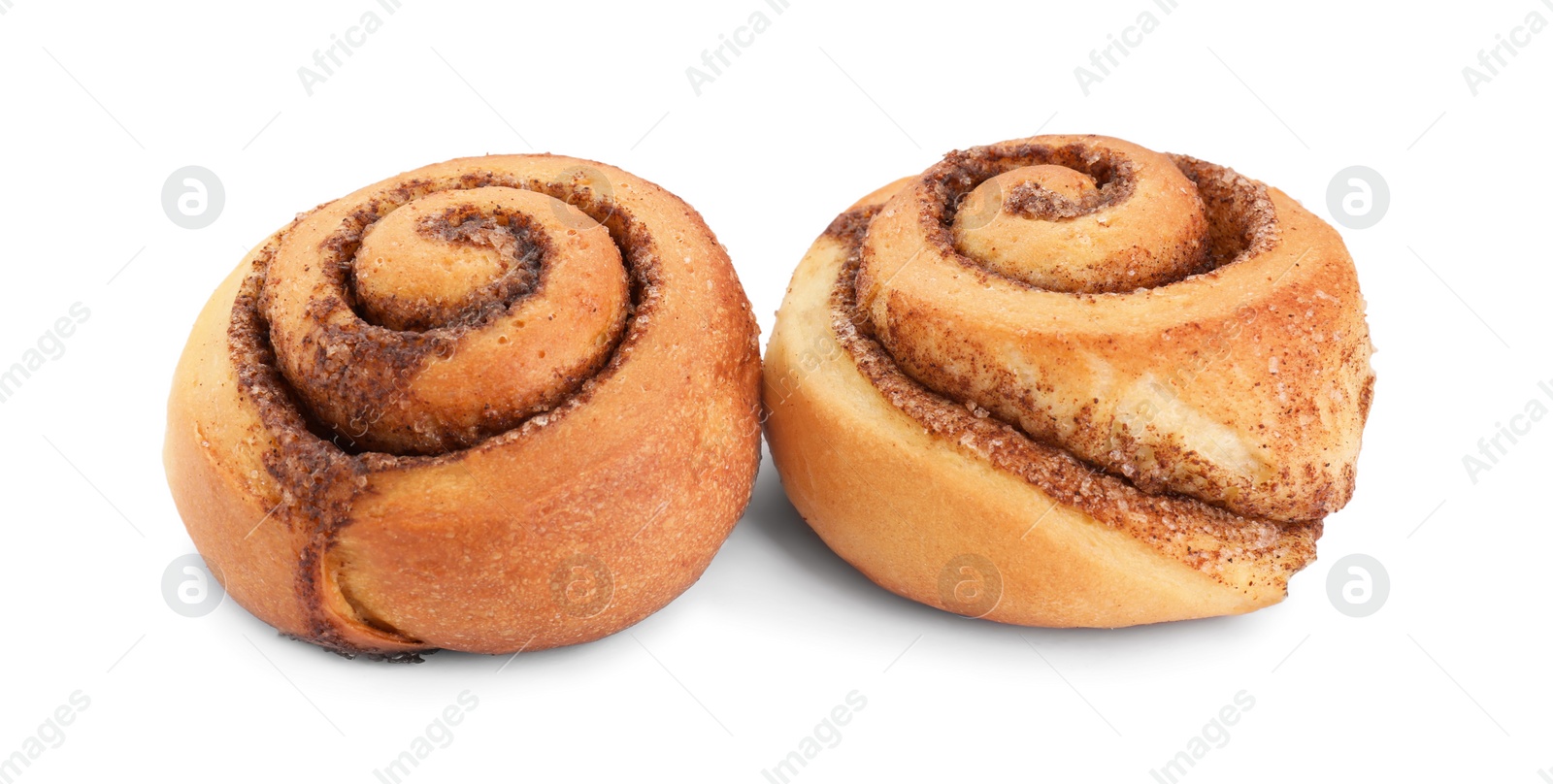 Photo of Fresh tasty cinnamon rolls isolated on white