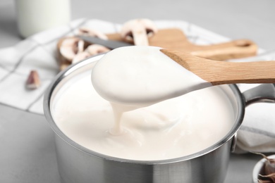 Spoon and pan with delicious creamy sauce, closeup view