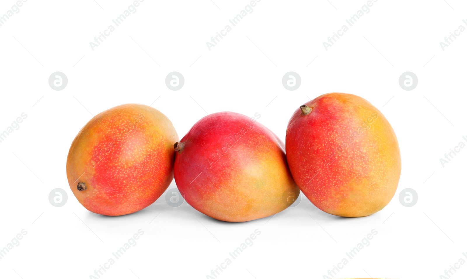 Photo of Delicious ripe juicy mangoes on white background