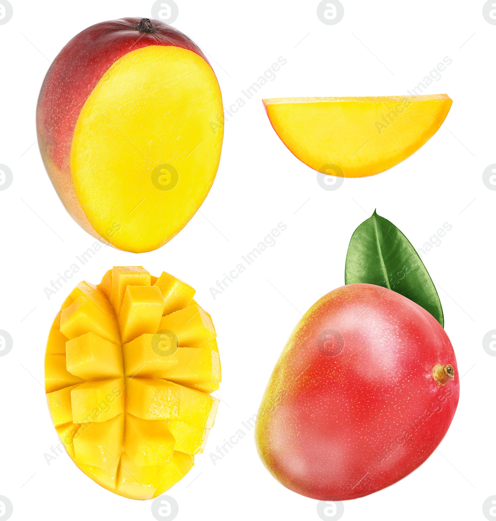 Image of Set with delicious ripe mangos on white background