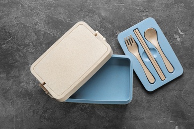 Empty lunch box on table, top view