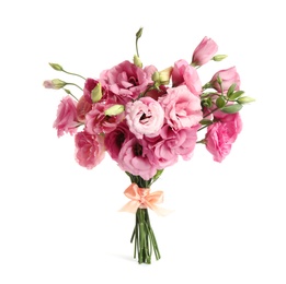 Photo of Beautiful bouquet of pink Eustoma flowers isolated on white
