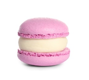 Photo of Pink macaron on white background. Delicious dessert