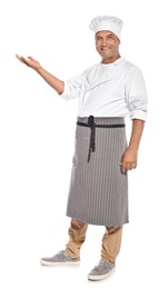 Mature male chef in apron on white background