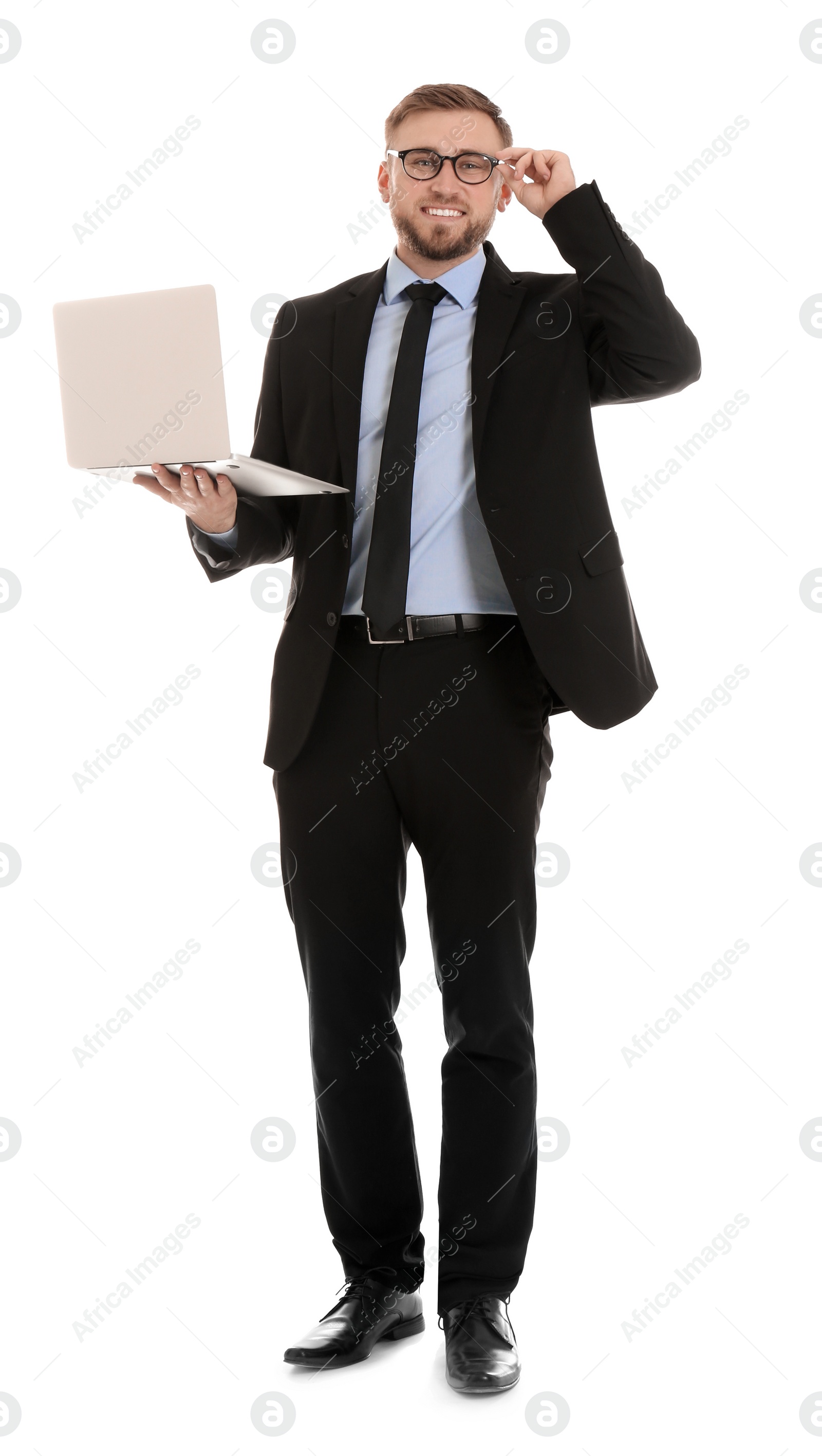 Photo of Happy young businessman holding laptop on white background