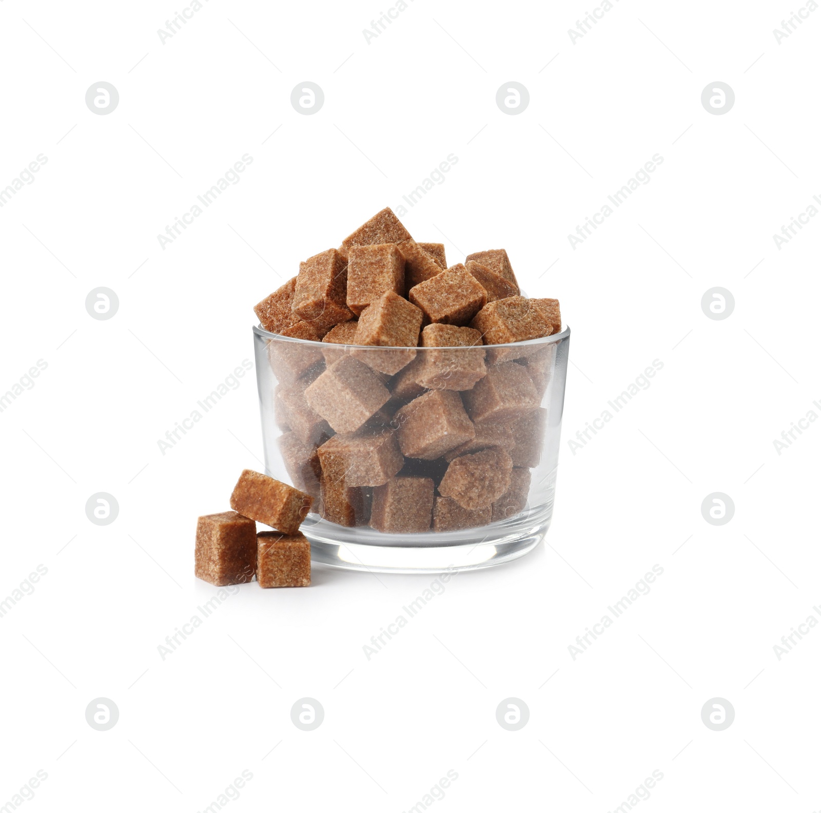 Photo of Glass bowl with brown sugar cubes isolated on white