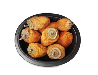 Tasty dried persimmon fruits in bowl on white background, top view