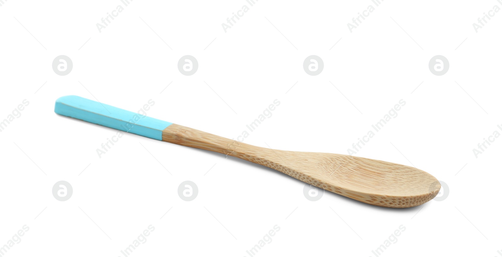 Photo of Wooden spoon with light blue handle isolated on white. Cooking utensil