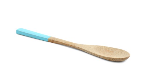 Photo of Wooden spoon with light blue handle isolated on white. Cooking utensil