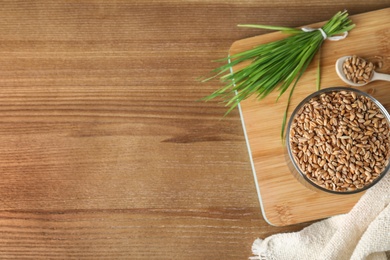 Bowl with seeds and wheat grass on wooden background, flat lay. Space for text