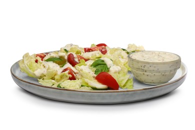 Photo of Delicious salad with Chinese cabbage, tomatoes, cucumber and dressing isolated on white