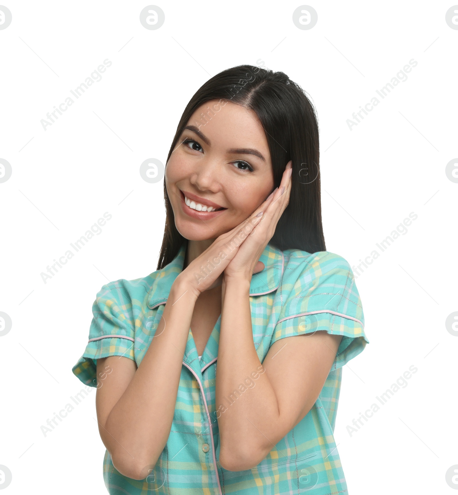 Photo of Beautiful Asian woman wearing pajamas on white background. Bedtime