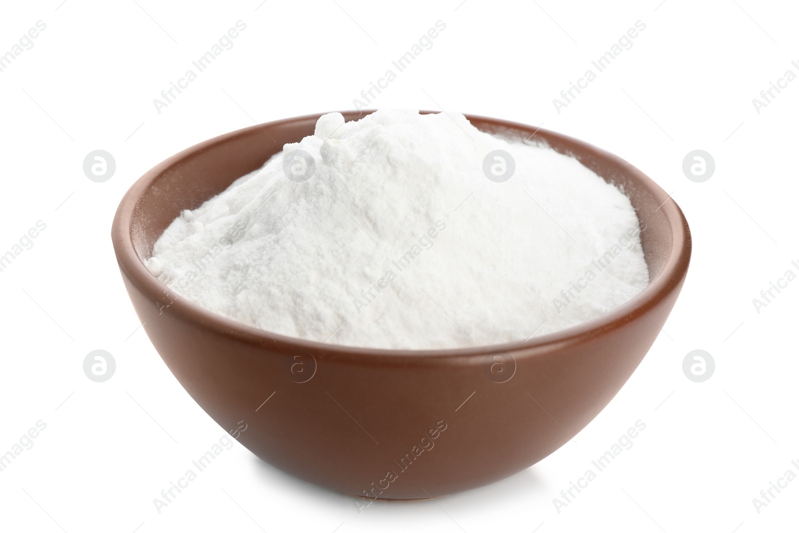 Photo of Bowl with baking soda on white background