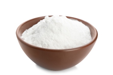 Photo of Bowl with baking soda on white background