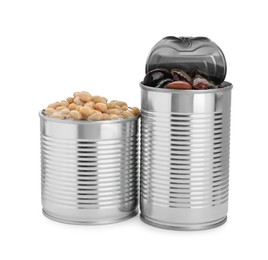 Tin cans with different kidney beans on white background