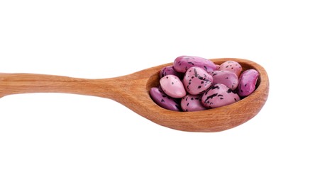 Photo of Wooden spoon with dry kidney beans isolated on white