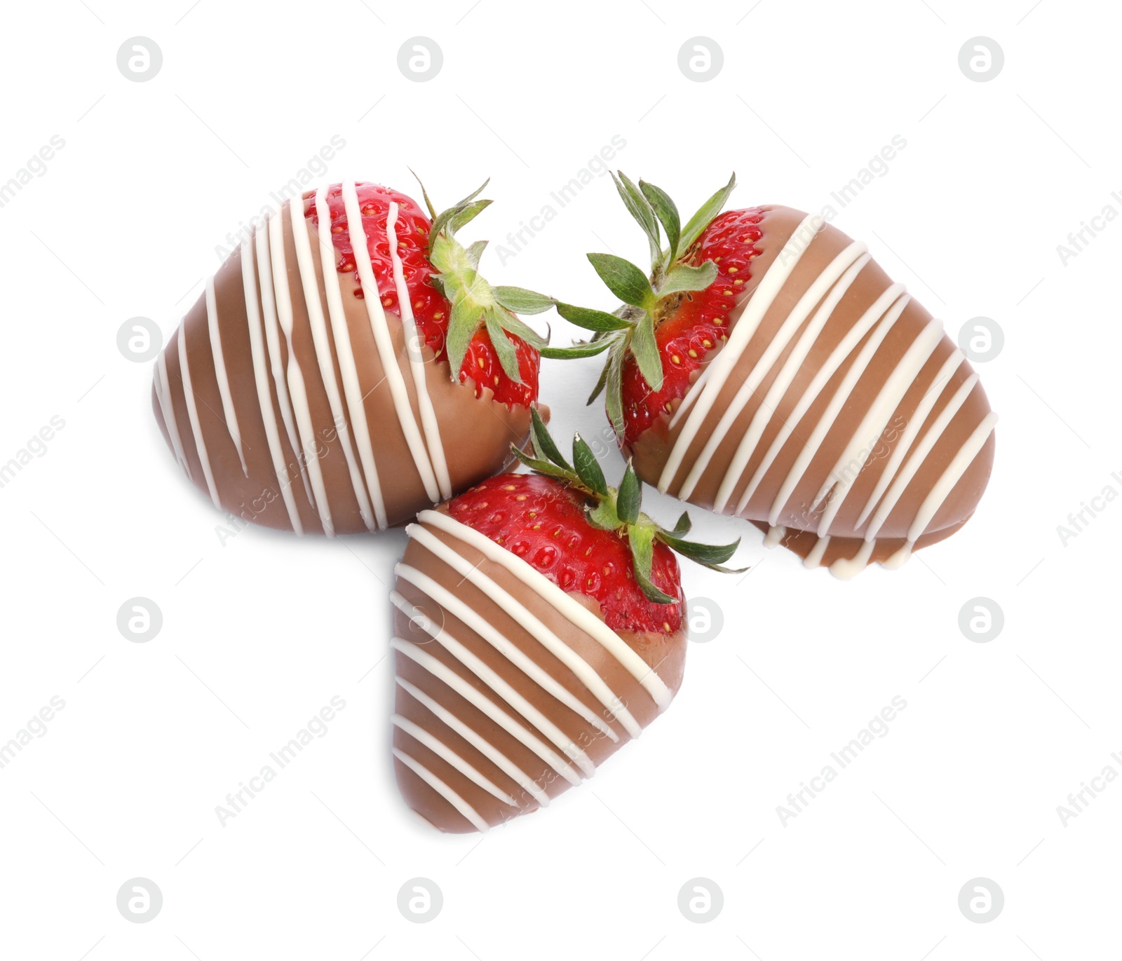 Photo of Delicious chocolate covered strawberries isolated on white, top view