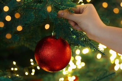 Photo of Woman decorating Christmas tree with red festive ball, closeup