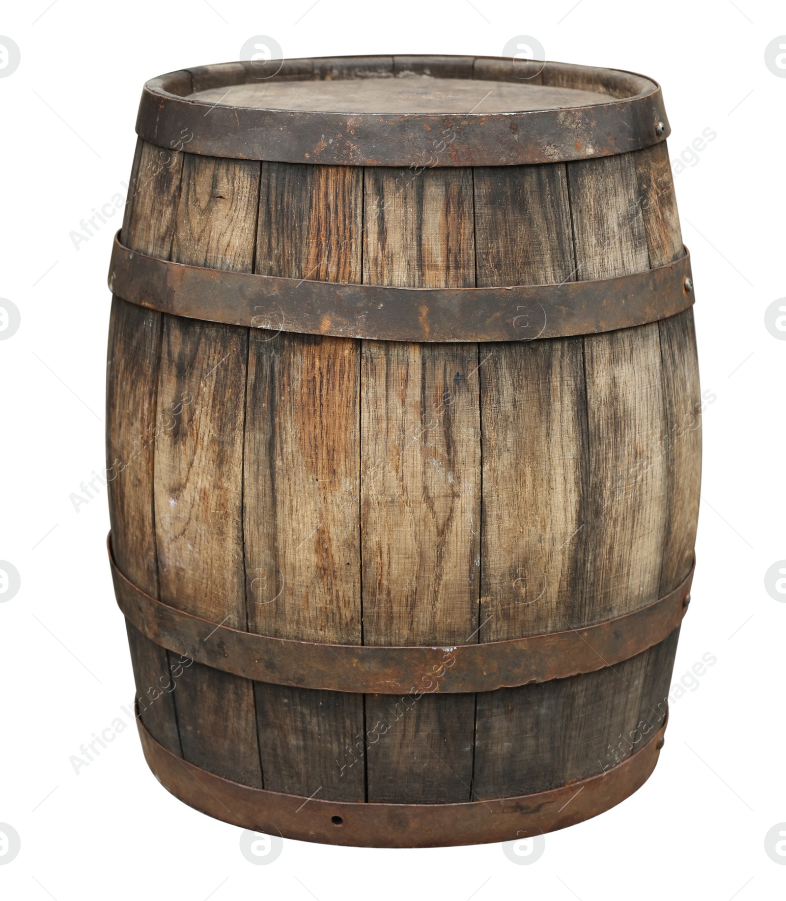 Image of One wooden barrel with metal hoops isolated on white