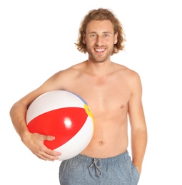 Photo of Attractive young man in beachwear with colorful inflatable ball on white background