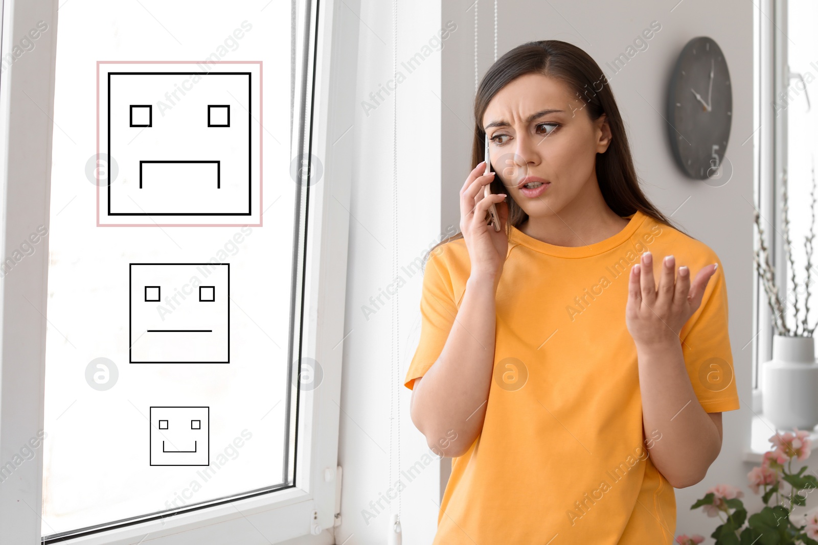 Image of Dissatisfied woman giving negative feedback by phone at home. Illustrations of sad, neutral and happy faces