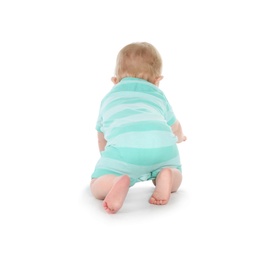 Photo of Cute little baby crawling on white background