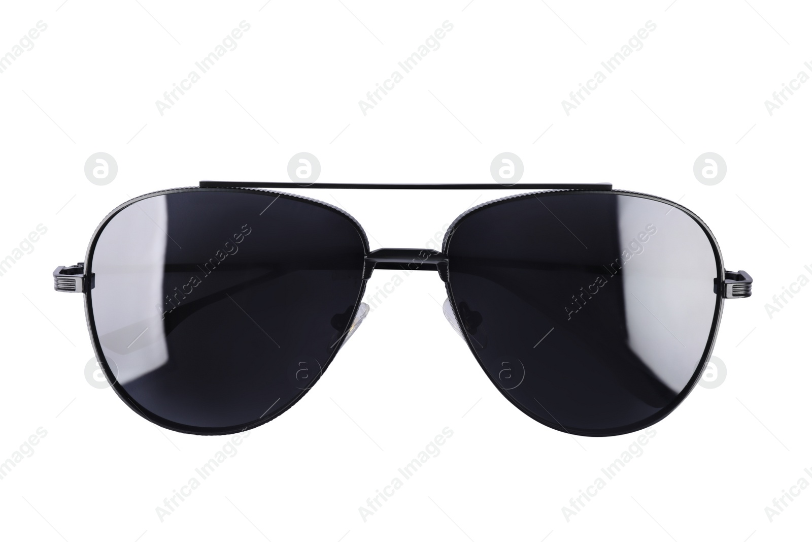 Photo of New stylish aviator sunglasses isolated on white, top view