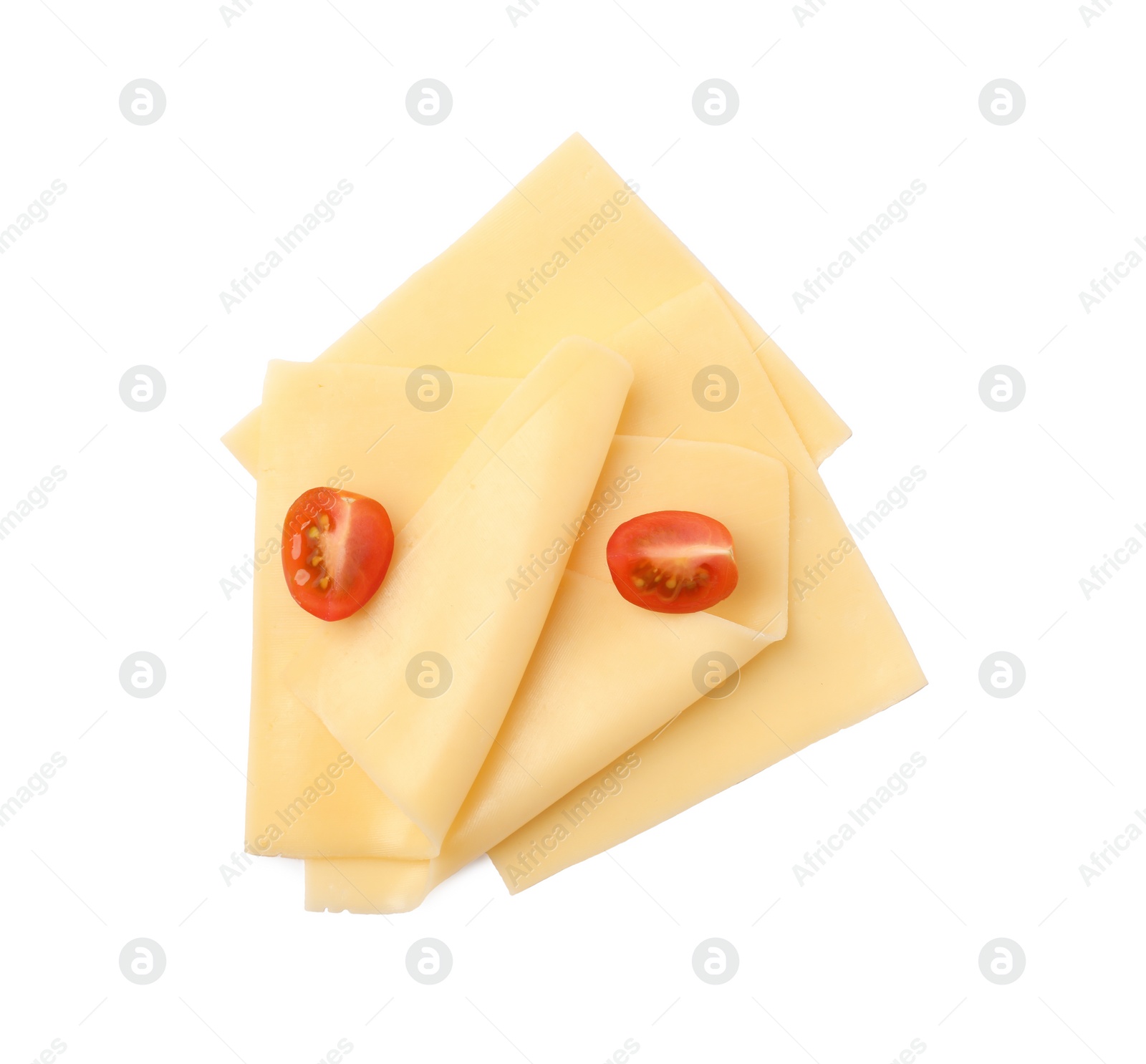 Photo of Slices of tasty fresh cheese and tomatoes isolated on white, top view