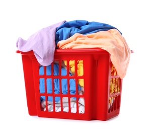 Photo of Laundry basket with dirty clothes isolated on white