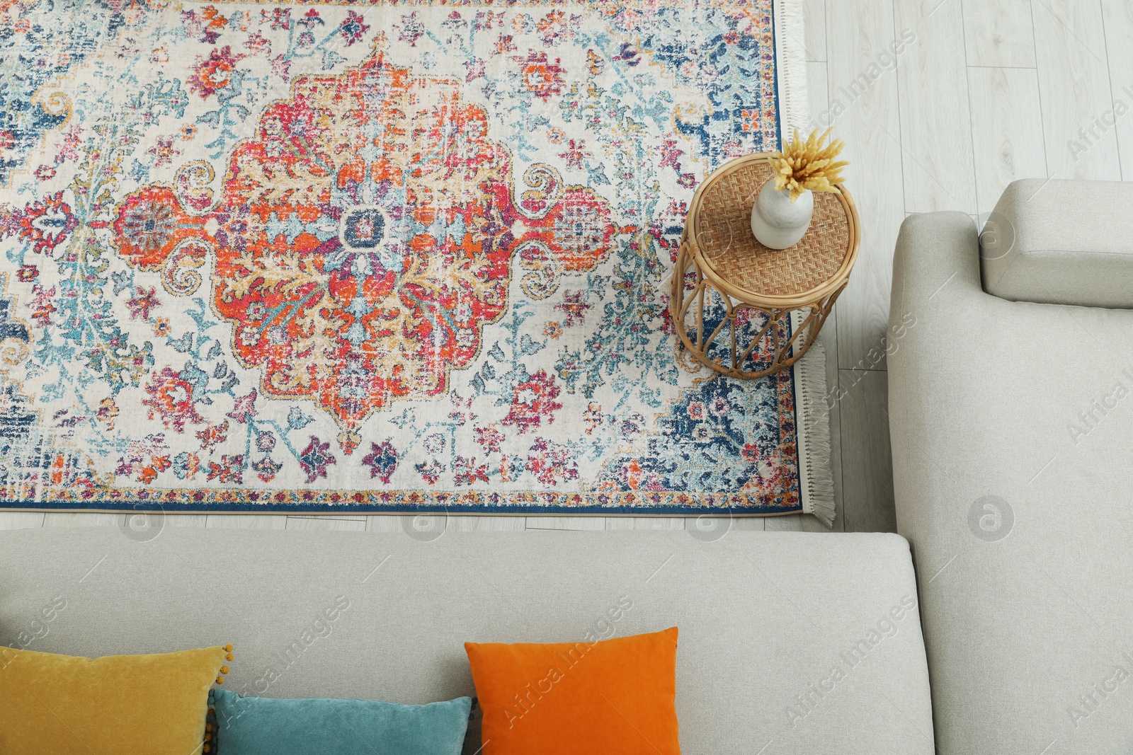 Photo of Stylish living room with beautiful carpet and furniture, top view. Interior design