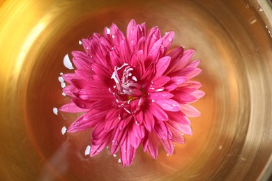 Photo of Tibetan singing bowl with water and beautiful flower, top view