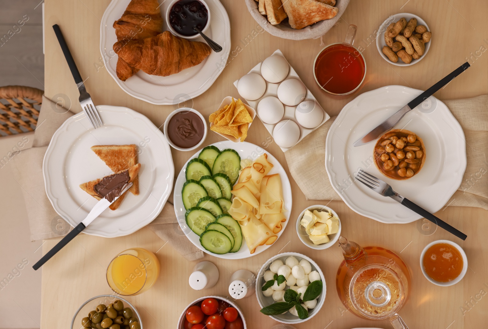 Photo of Dishes with different food on table, flat lay. Luxury brunch