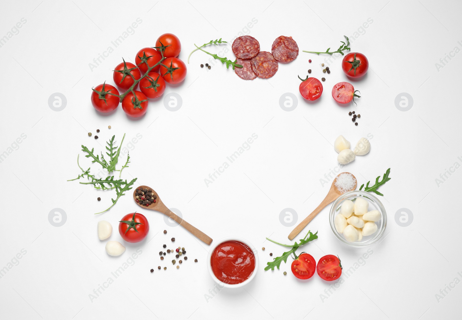 Photo of Composition with fresh ingredients and space for text on white background, top view. Pepperoni pizza recipe