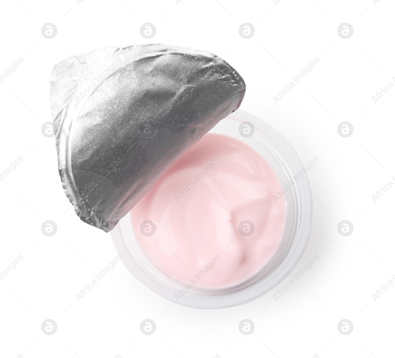 Photo of Plastic cup with creamy yogurt on white background, top view