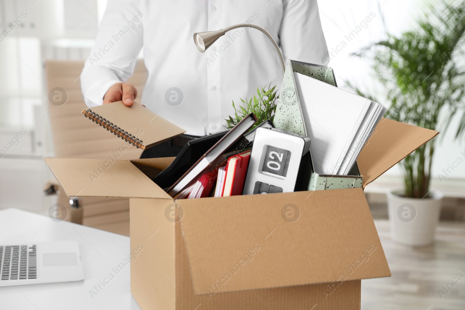 Photo of Young man packing stuff in box at office, closeup