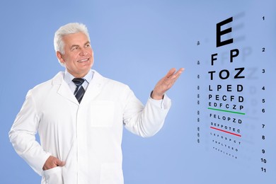 Image of Vision test. Ophthalmologist or optometrist pointing at eye chart on pale blue background