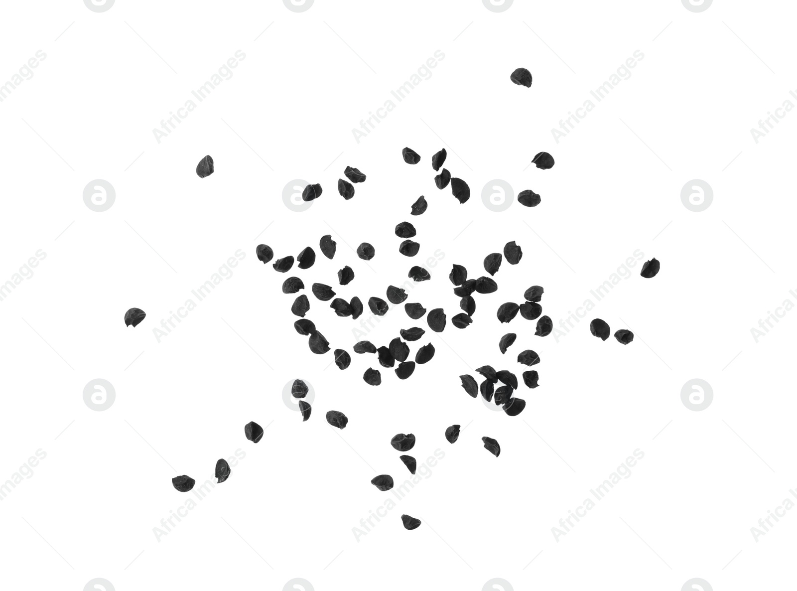Photo of Raw onion seeds on white background, top view. Vegetable planting