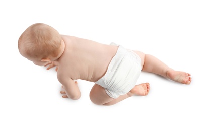 Photo of Cute little baby crawling on white background, top view