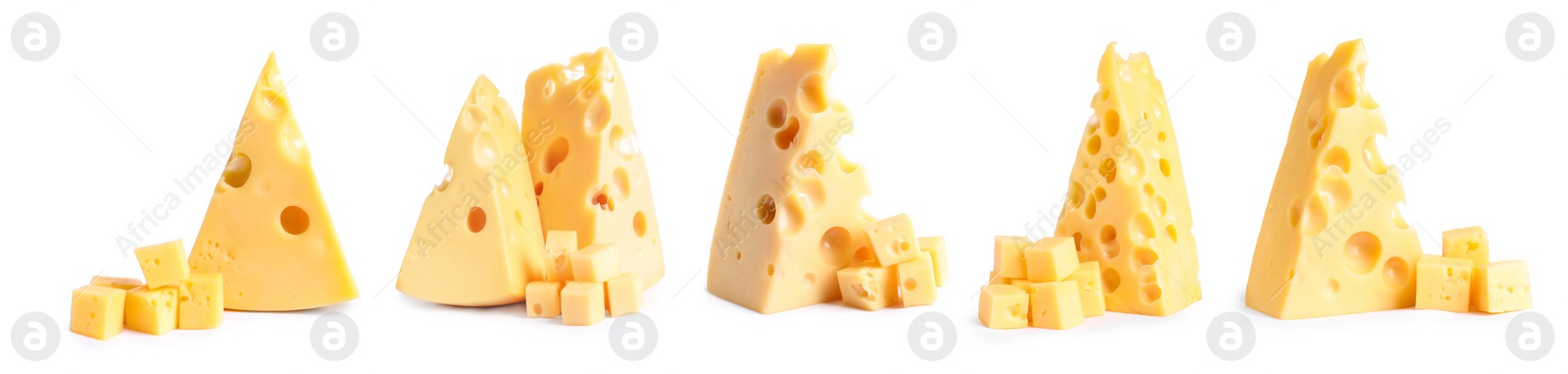 Image of Set with pieces of delicious cheese on white background. Banner design