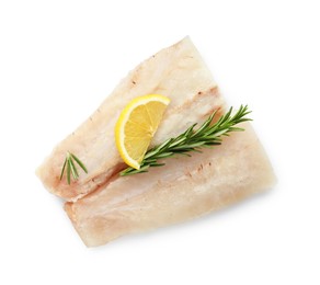 Photo of Fresh raw cod fillets with rosemary and lemon isolated on white, top view