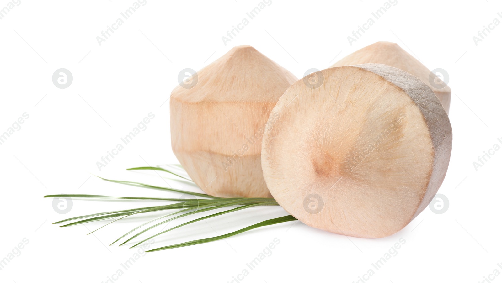 Photo of Young peeled coconuts with palm leaf on white background