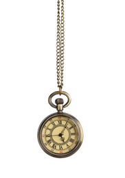 Photo of Beautiful vintage pocket watch with chain isolated on white. Hypnosis session
