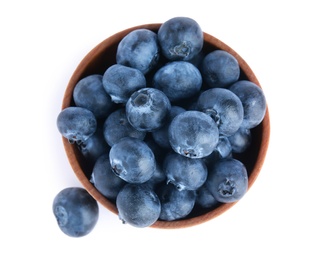 Fresh ripe blueberries in bowl on white background, top view