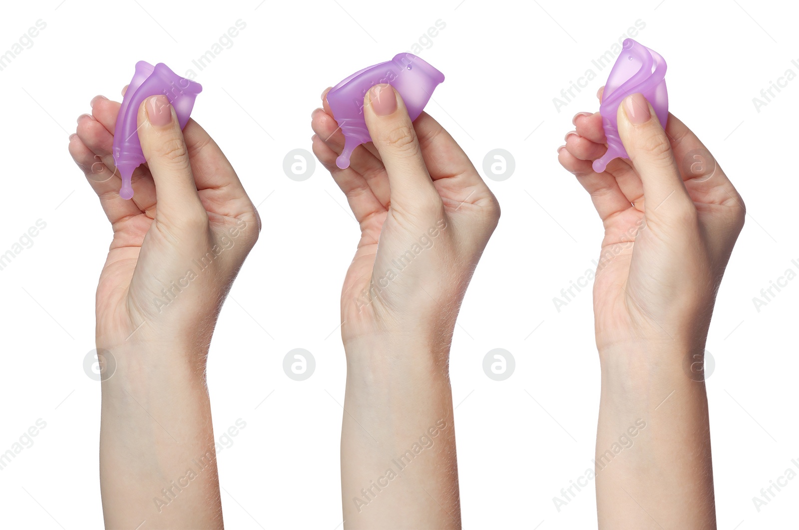 Image of Collage with photos of women folding menstrual cups on white background, closeup
