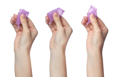 Collage with photos of women folding menstrual cups on white background, closeup