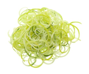 Photo of Delicious fresh zucchini pasta on white background, top view