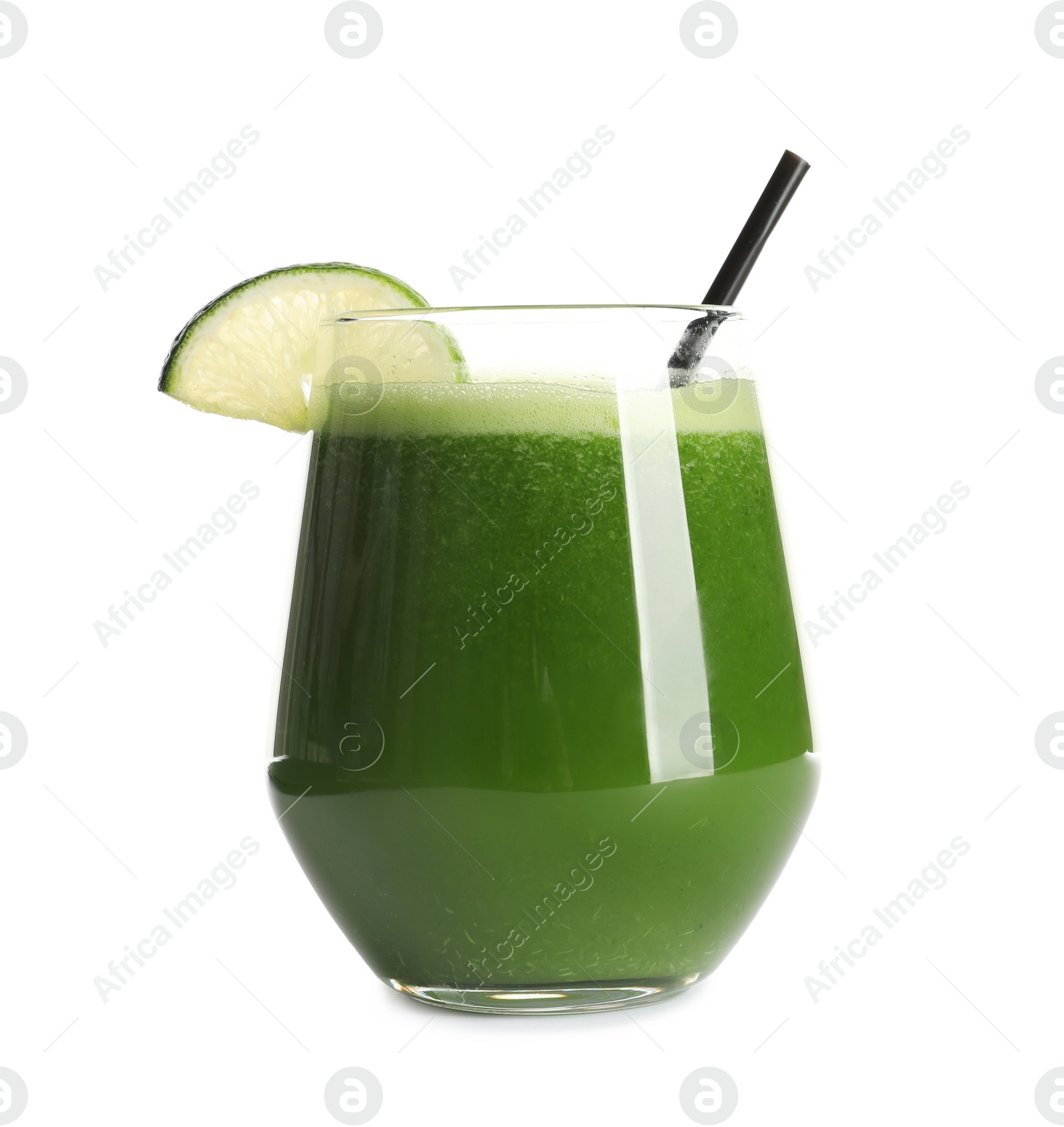 Photo of Glass with delicious detox juice on white background