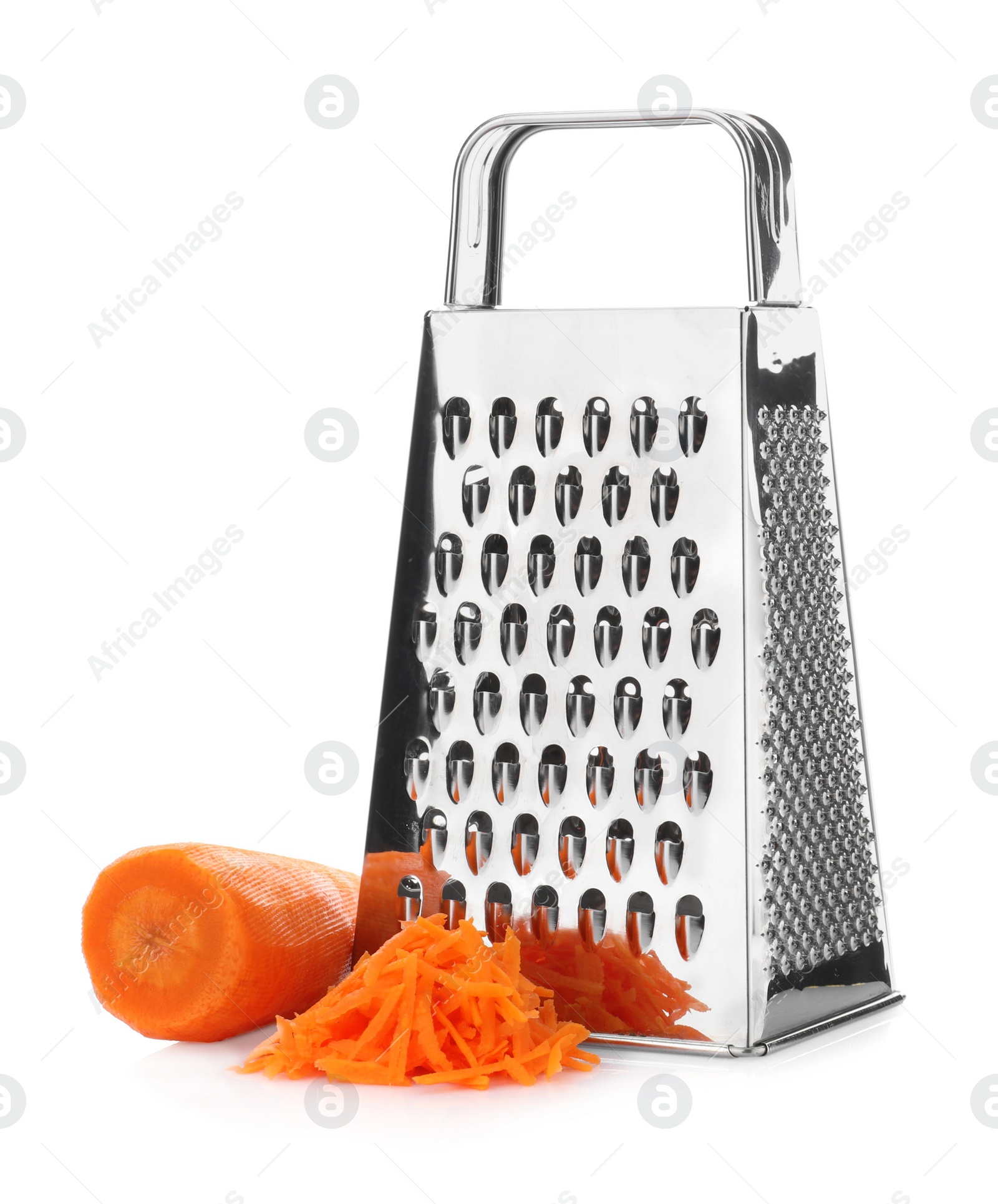 Photo of Stainless steel grater and fresh carrot on white background