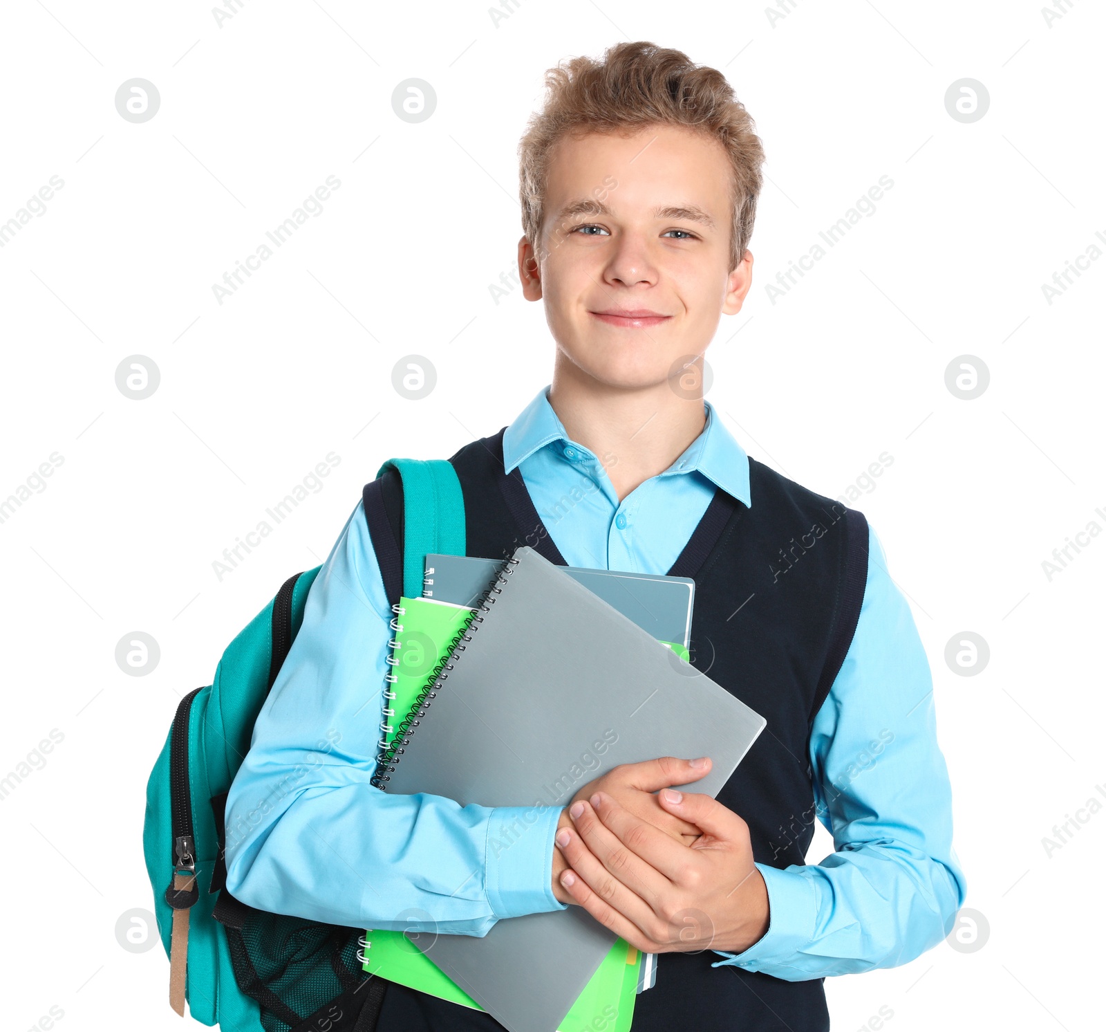 Photo of Happy boy in school uniform on white background